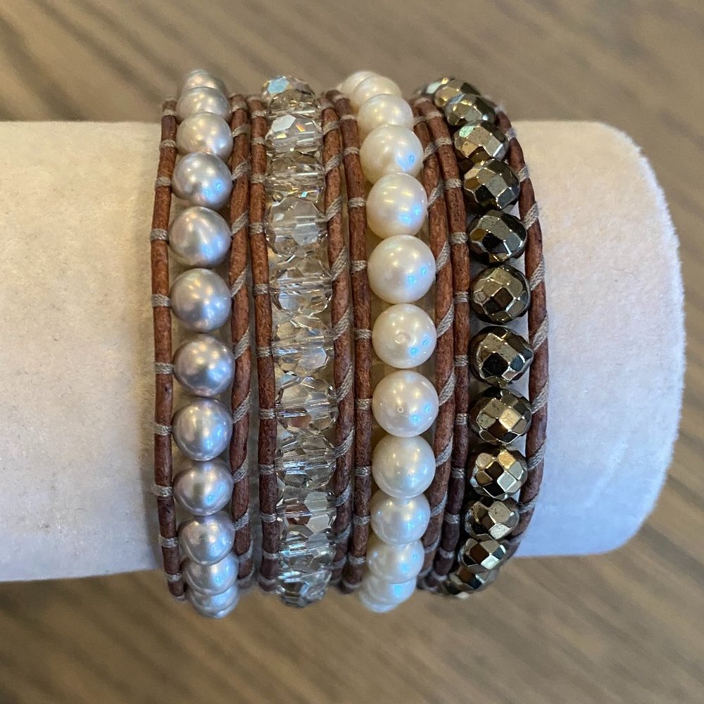 New Authentic Chan Luu Grey Pearl Four Strand Cuff Pull Tie Bracelet